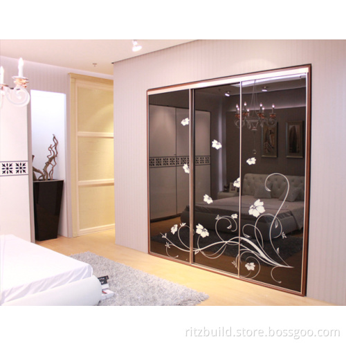 Ritz Wardrobe Furniture Black High Gloss PVC and White Flowers Sliding Wardrobe